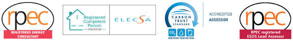 John Beardmore RPEC Registered Energy Consultant, Registered Competent Person Electrical, Carbon Trust Accredited Assessor logos, and RPEC registered ESOS Lead Assessor logos